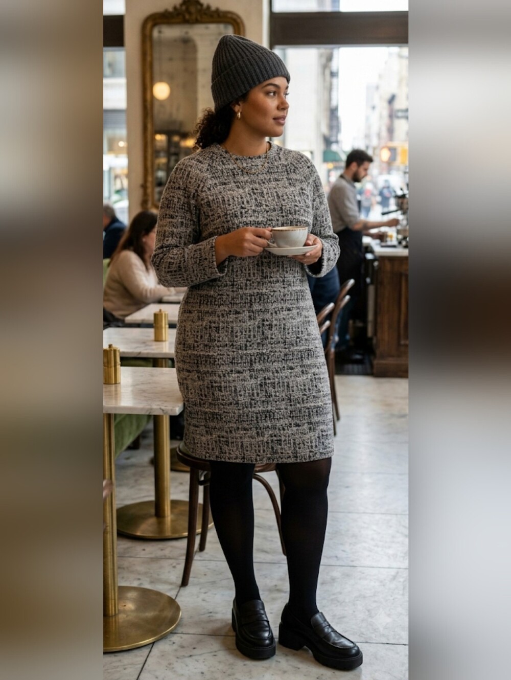Retro Chunky Knit Dress Crew Midi Cotton Textured Stretch Capsule Career 14